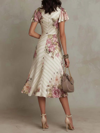 Alba - Vestido midi de satén floral elegante retro