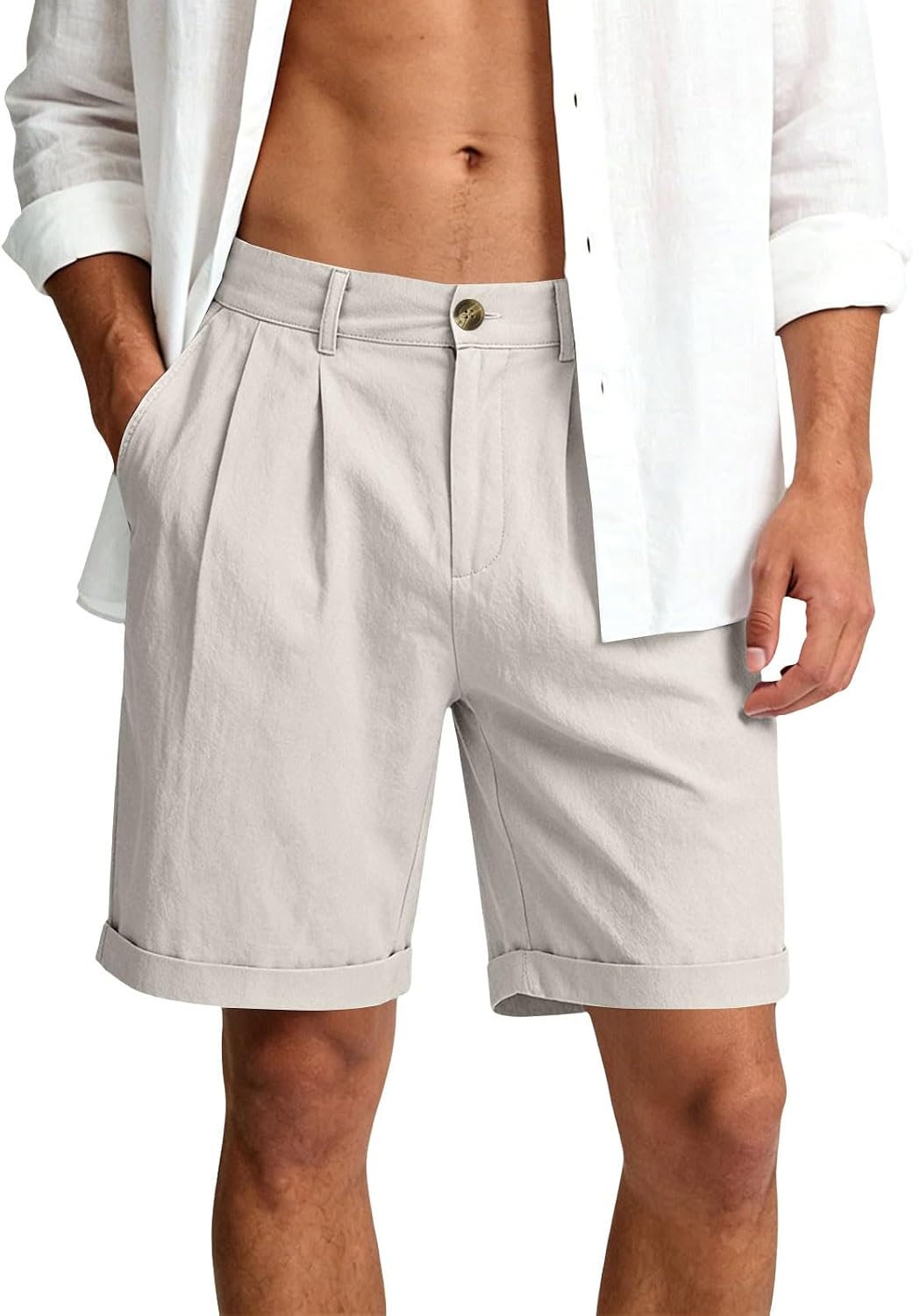 Short en lin pour homme, décontracté, élégant, en coton et lin, plissé, taille élastique, jambe droite, pantalon d'été, de vacances, de plage