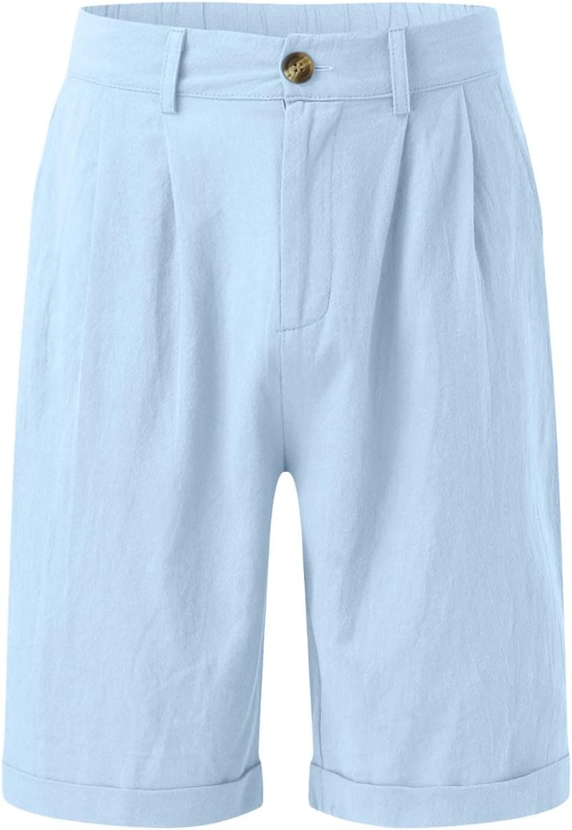 Short en lin pour homme, décontracté, élégant, en coton et lin, plissé, taille élastique, jambe droite, pantalon d'été, de vacances, de plage