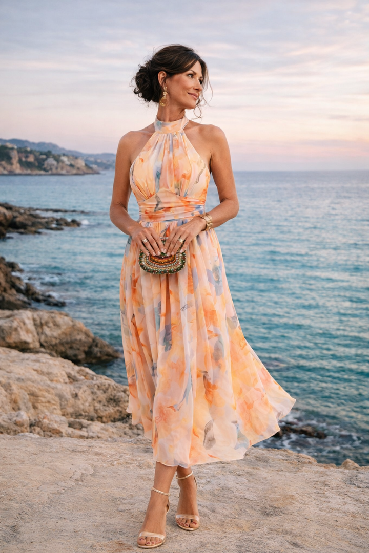 Aurora™ | Vestido maxi halter con estampado acuarela