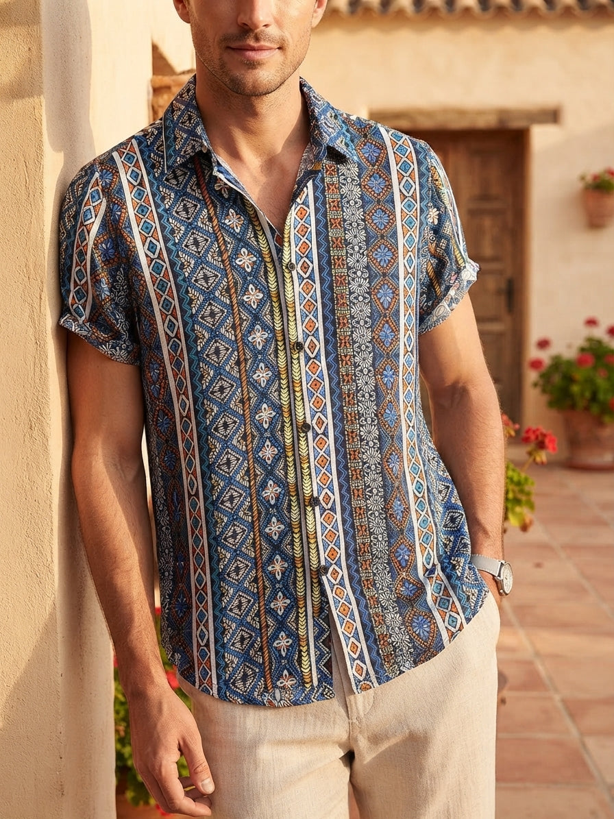 LUCIO - Camisa de algodón de manga corta con estampado patchwork
