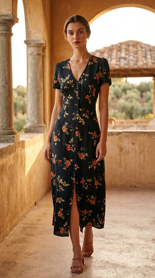 El vestido largo floral negro con escote en V y mangas cortas.