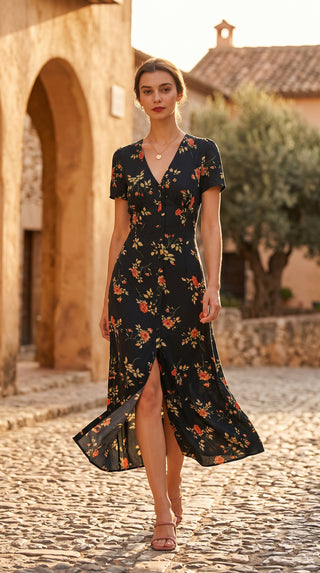 El vestido largo floral negro con escote en V y mangas cortas.