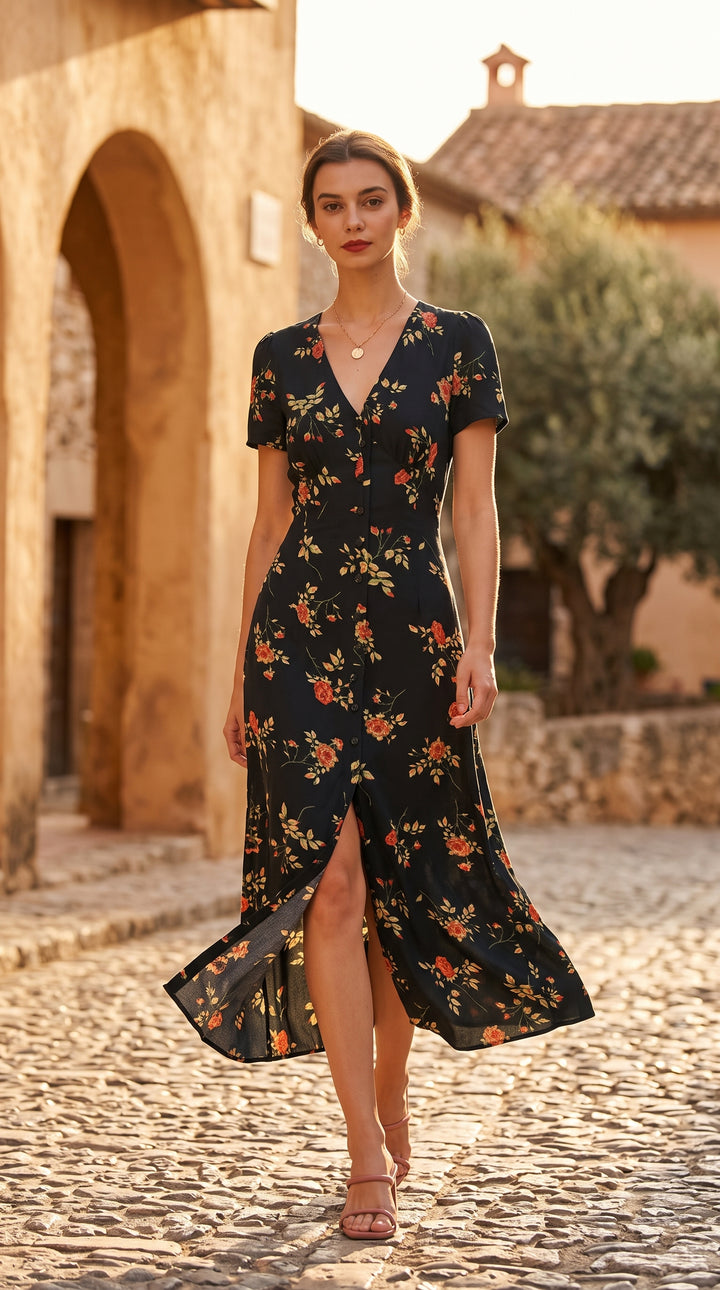El vestido largo floral negro con escote en V y mangas cortas.