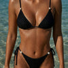 Black V Neck Textured Drawstring Bikini Set