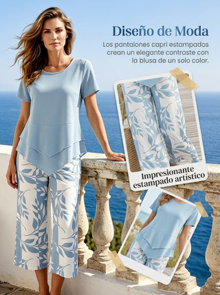 Conjunto de ocio con parte superior de cuello redondo (multicapa) y pantalón extralargo: cómodo, ligero y versátil, ideal para el día a día y los viajes