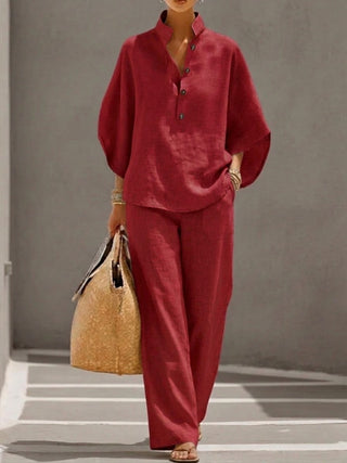 Mariel | Conjunto de algodón y lino con mangas murciélago y pantalón ancho