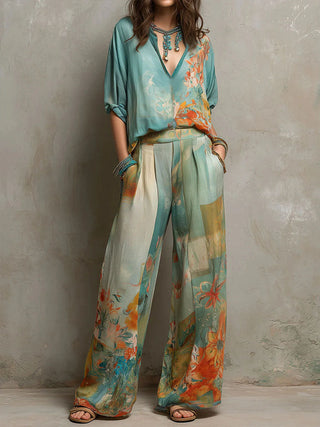 Clara | Conjunto floral con pantalón ancho