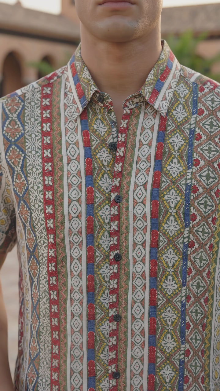 LUCIO - Camisa de algodón de manga corta con estampado patchwork