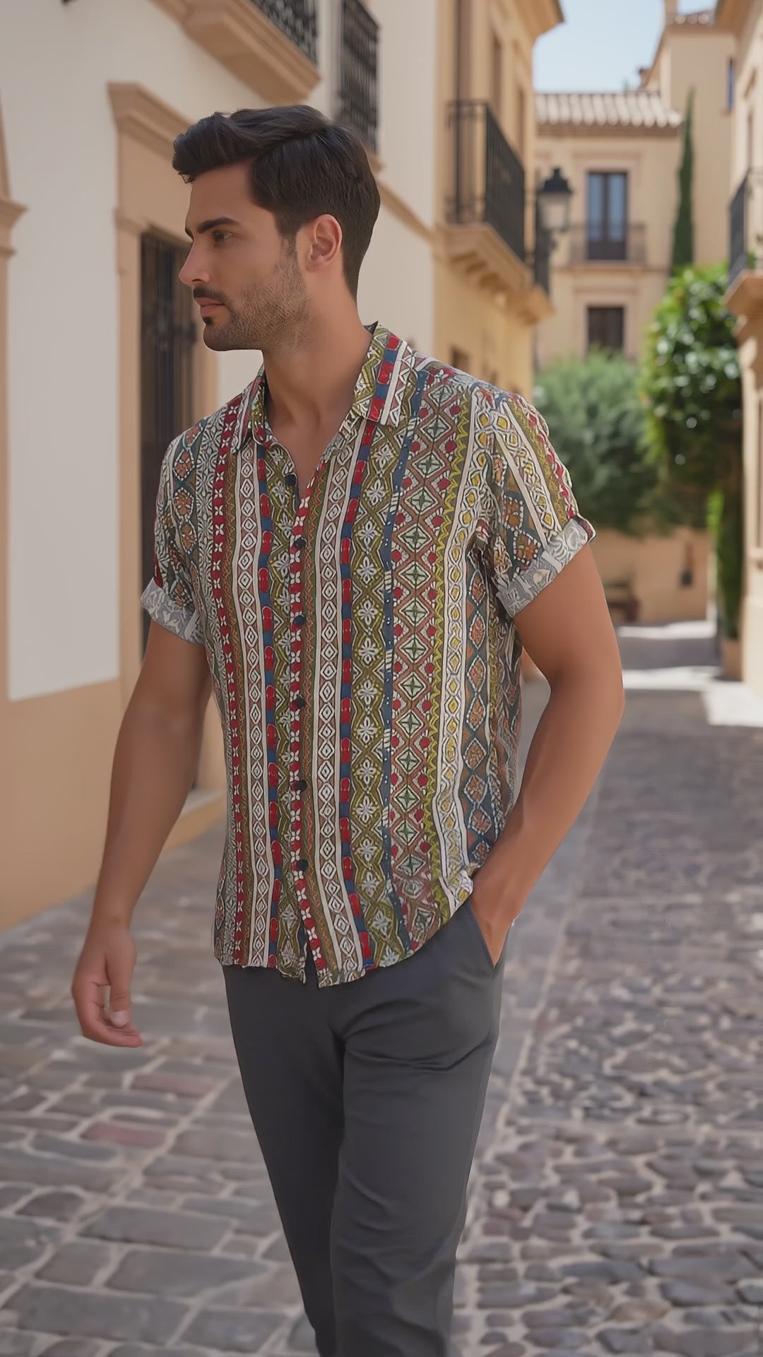 LUCIO - Camisa de algodón de manga corta con estampado patchwork