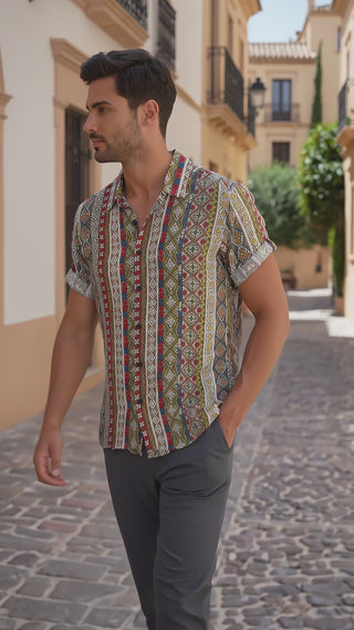 LUCIO - Camisa de algodón de manga corta con estampado patchwork