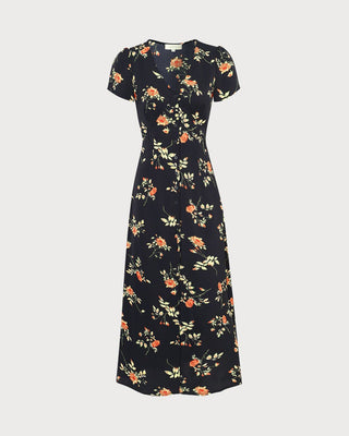El vestido largo floral negro con escote en V y mangas cortas.