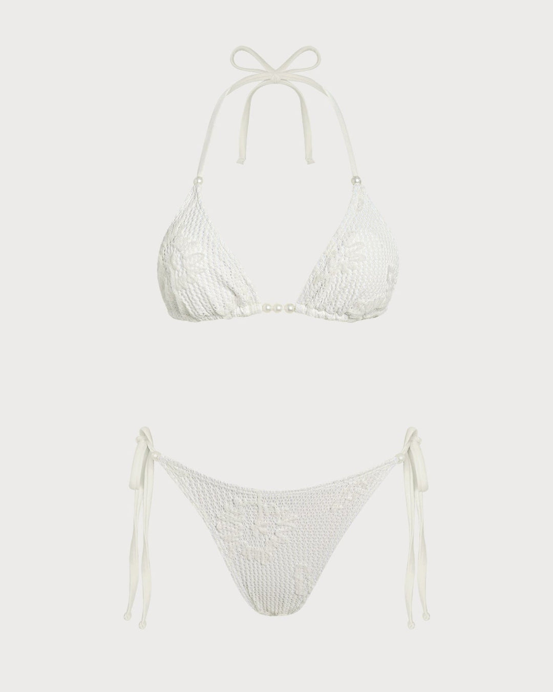 Off White Halter Drawstring Jacquard Bikini Set