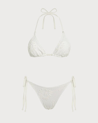Off White Halter Drawstring Jacquard Bikini Set