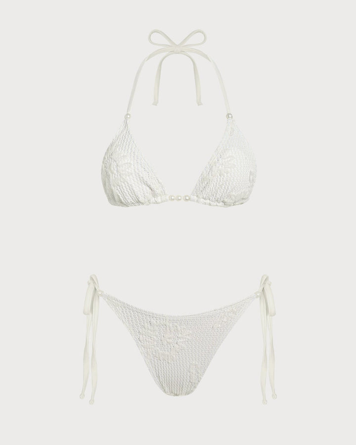 Off White Halter Drawstring Jacquard Bikini Set