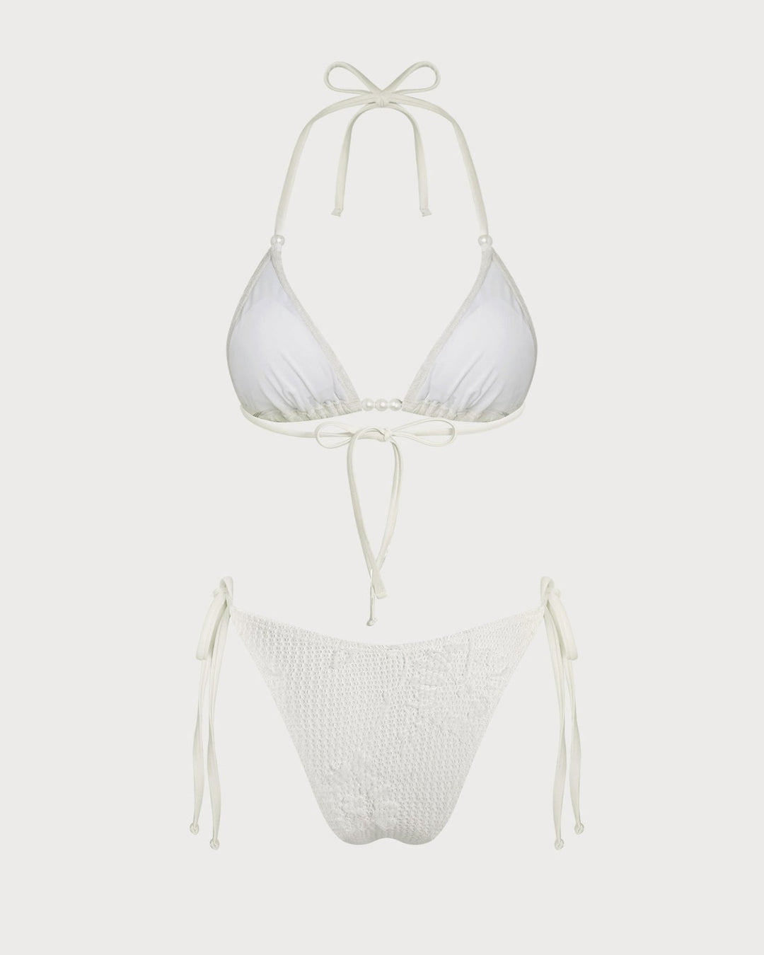 Off White Halter Drawstring Jacquard Bikini Set