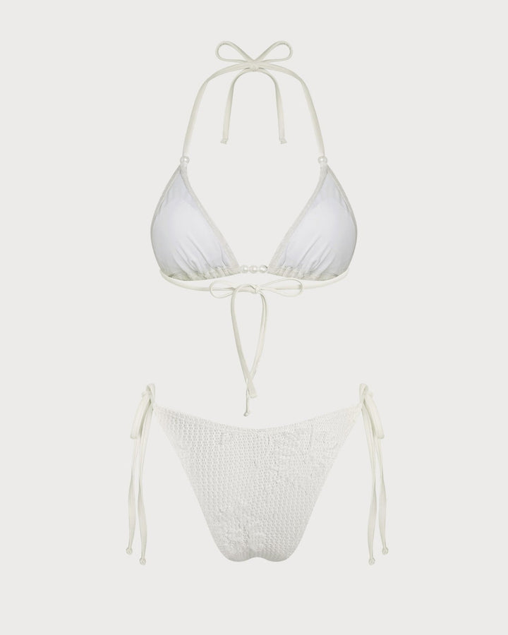 Off White Halter Drawstring Jacquard Bikini Set