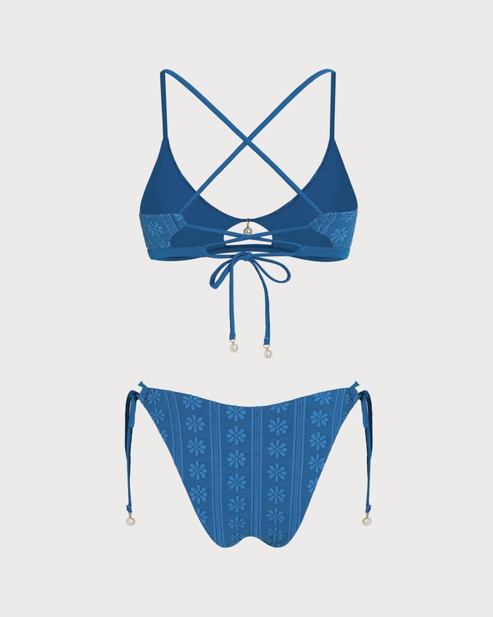 Blue U Neck Floral Textured Bikini Set