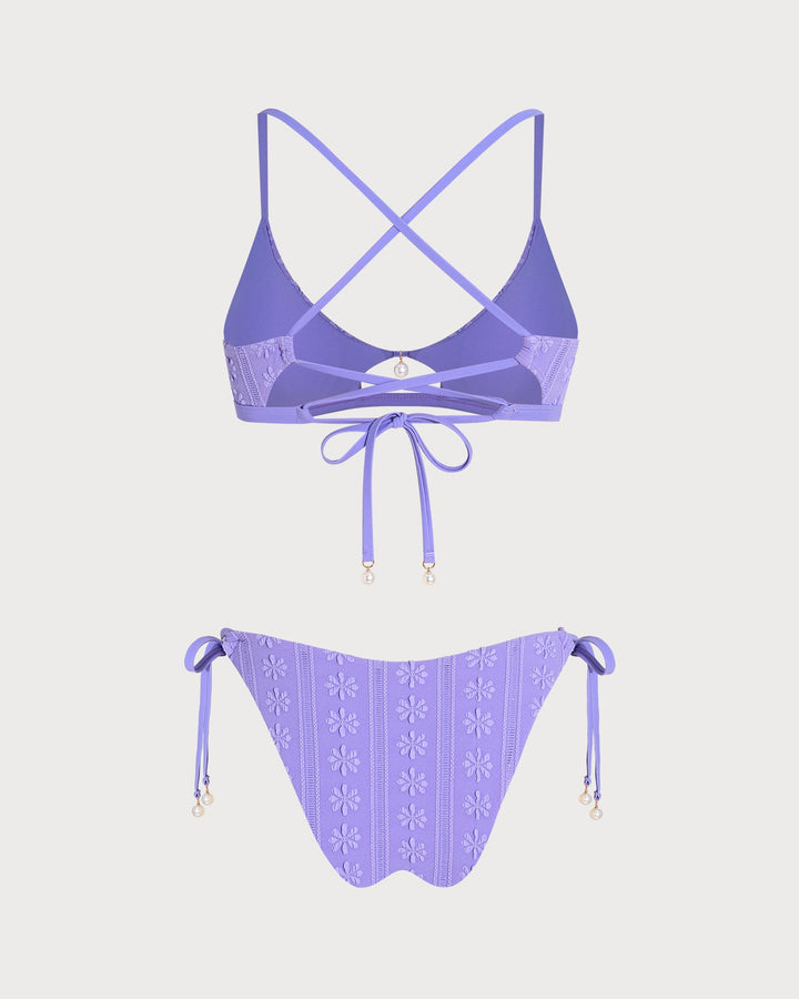Purple U Neck Floral Drawstring Bikini Set
