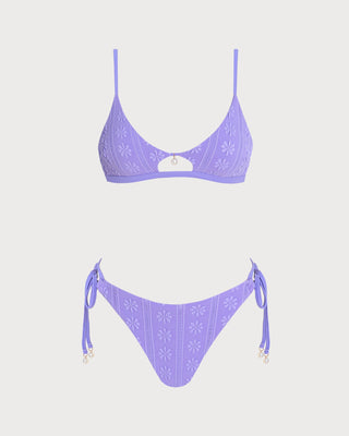 Purple U Neck Floral Drawstring Bikini Set