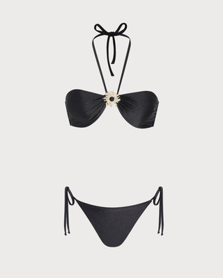Black Halter Tie O-Ring Triangle Bikini Set