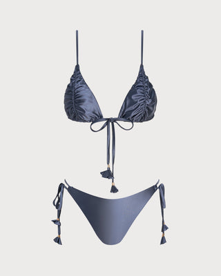 Blue Solid Tie Strap Triangle Bikini Set
