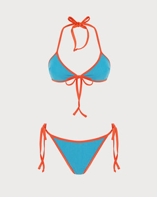 Blue Halter Contrasting Triangle Bikini Set