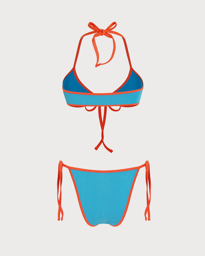 Blue Halter Contrasting Triangle Bikini Set
