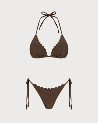 Coffee Halter Embroidery Bikini Set