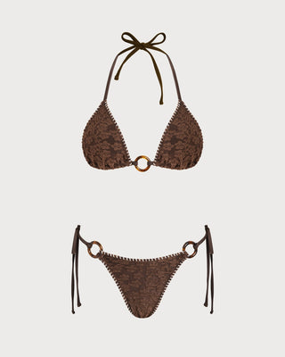 Brown Halter Textured Triangle Bikini Set