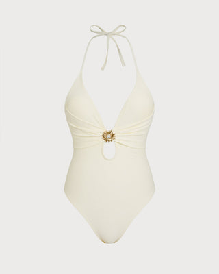 Off White Halter Bralette One Piece Swimsuit