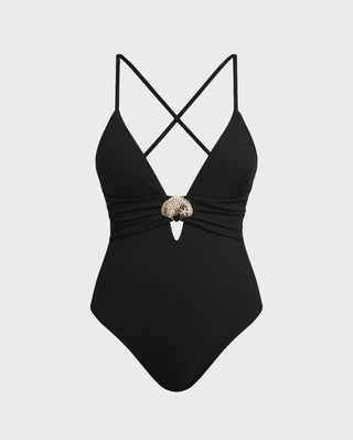Black Cut Out Ribbed Triangle One Piece