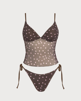 Coffee V Neck Polka Dot Tankini Set