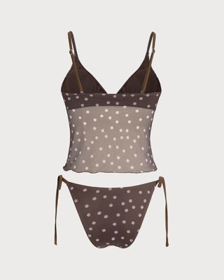 Coffee V Neck Polka Dot Tankini Set