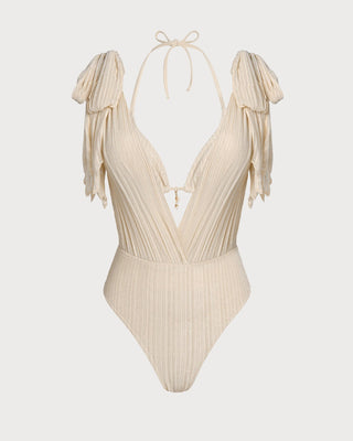 Apricot Halter Sequins Drawstring Bikini Set