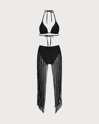 Black Halter Drawstring Triangle Bikini Set