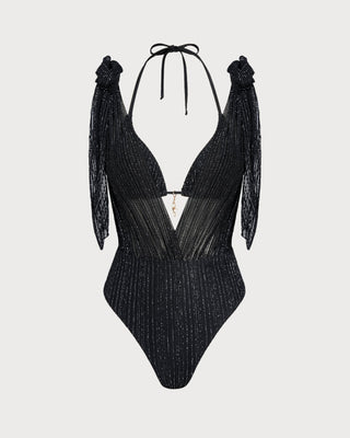 Black Halter Drawstring Triangle Bikini Set