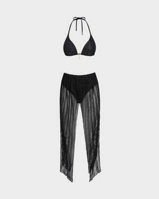Black Halter Drawstring Triangle Bikini Set
