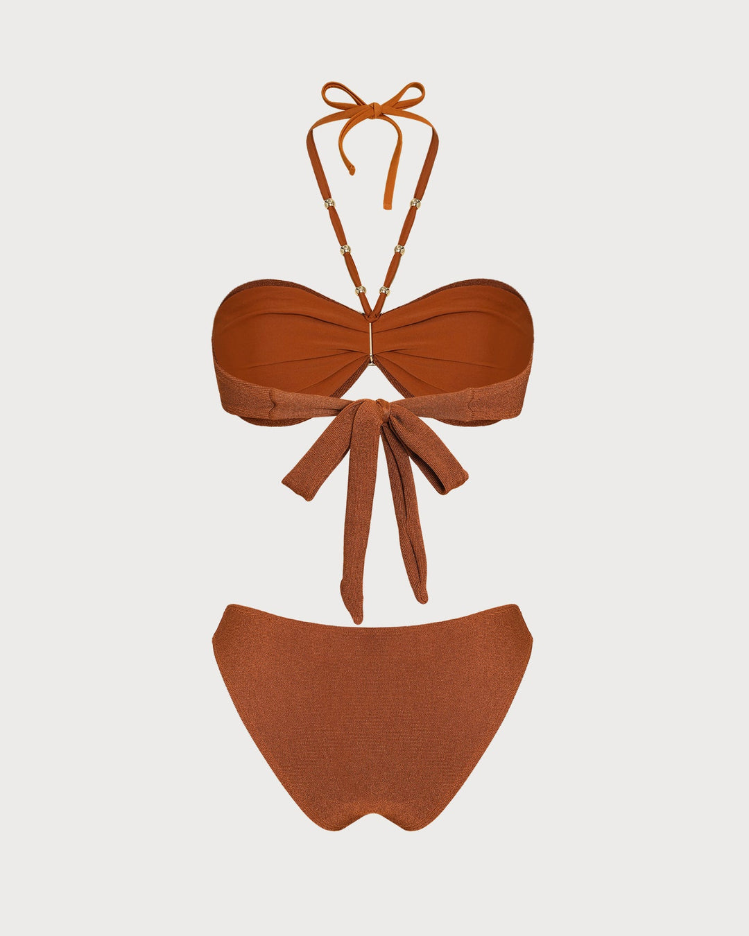 Brown Halter Textured Bandeau Bikini Set
