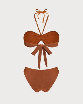 Brown Halter Textured Bandeau Bikini Set