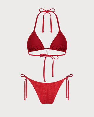 Red Jacquard Halter Drawstring Bikini Set
