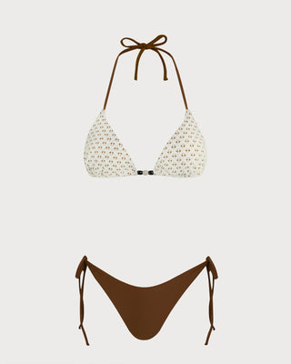 Coffee Halter Textured Drawstring Bikini Set