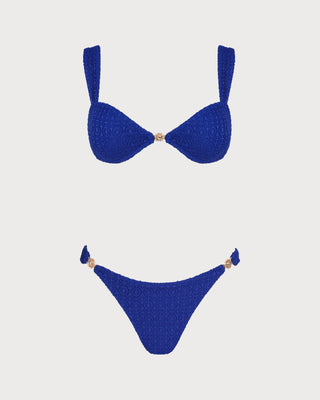 Blue V Neck Textured Bralette Bikini Set