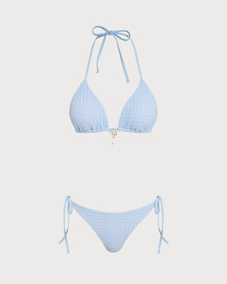 Blue Halter Drawstring Triangle Bikini Set