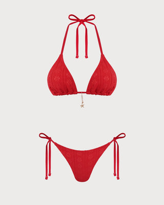 Red Jacquard Halter Drawstring Bikini Set
