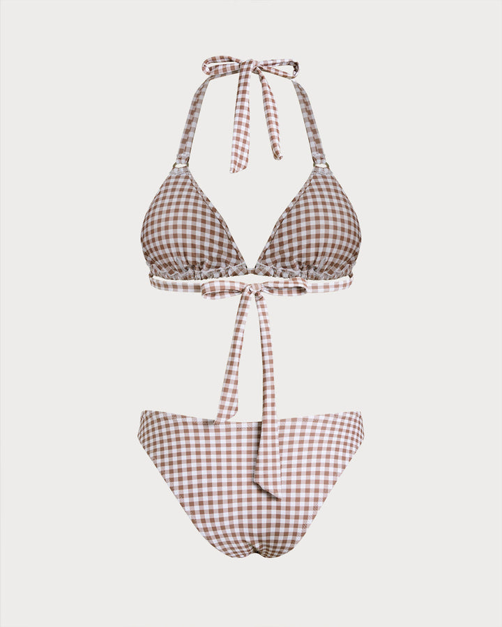 Coffee Plaid Halter Bikini Sets