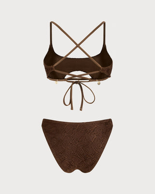 Coffee Square Neck Textured Bandeau Bikini Set