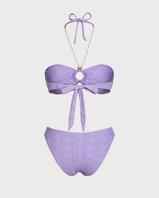 Purple Halter O-Ring Bandeau Bikini Set