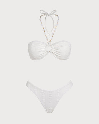 White Halter Jacquard Bandeau Bikini Set