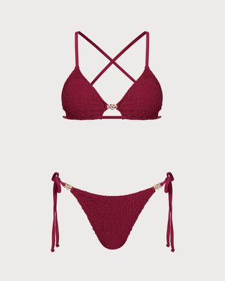 Wine Red Textured Drawstring Bikini Set